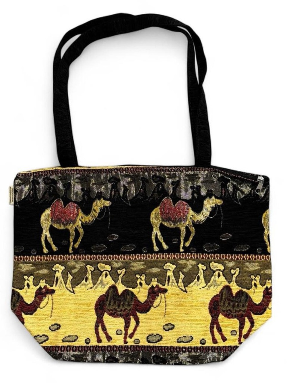 HM Handicrafts Turkish Kilim Camel Caravan Tapestry Tote | Black Multi | 18x12